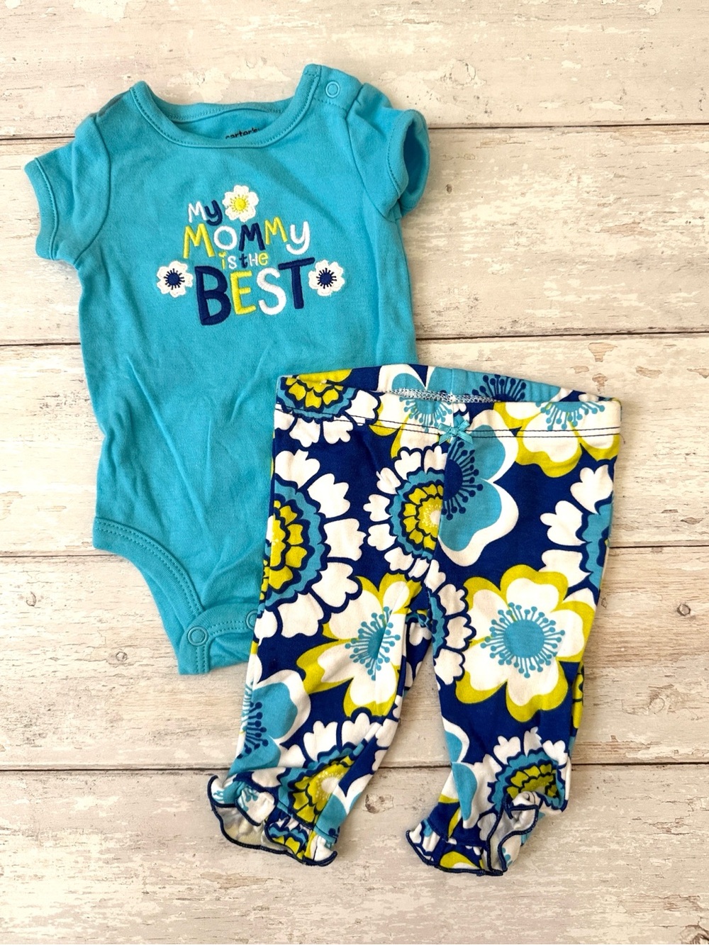 Carters NB Baby Girl Blue Floral Pants Outfit Set My Mommy Is the Best Newborn